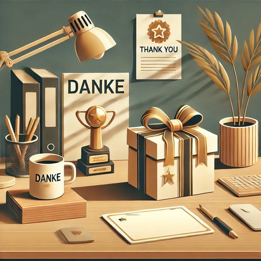 Illustration eines Büros mit Symbolen der Mitarbeiterwertschätzung wie Geschenk, Trophäe und personalisierten Gegenständen auf einem Schreibtisch