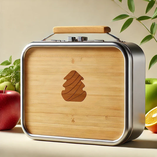 Illustration einer personalisierten Lunchbox aus Edelstahl und Bambus, umgeben von frischem Obst und Gemüse