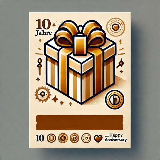 Illustration eines Jubiläumsgeschenks mit Schleife und Jubiläumszahl, umgeben von Symbolen der Wertschätzung
