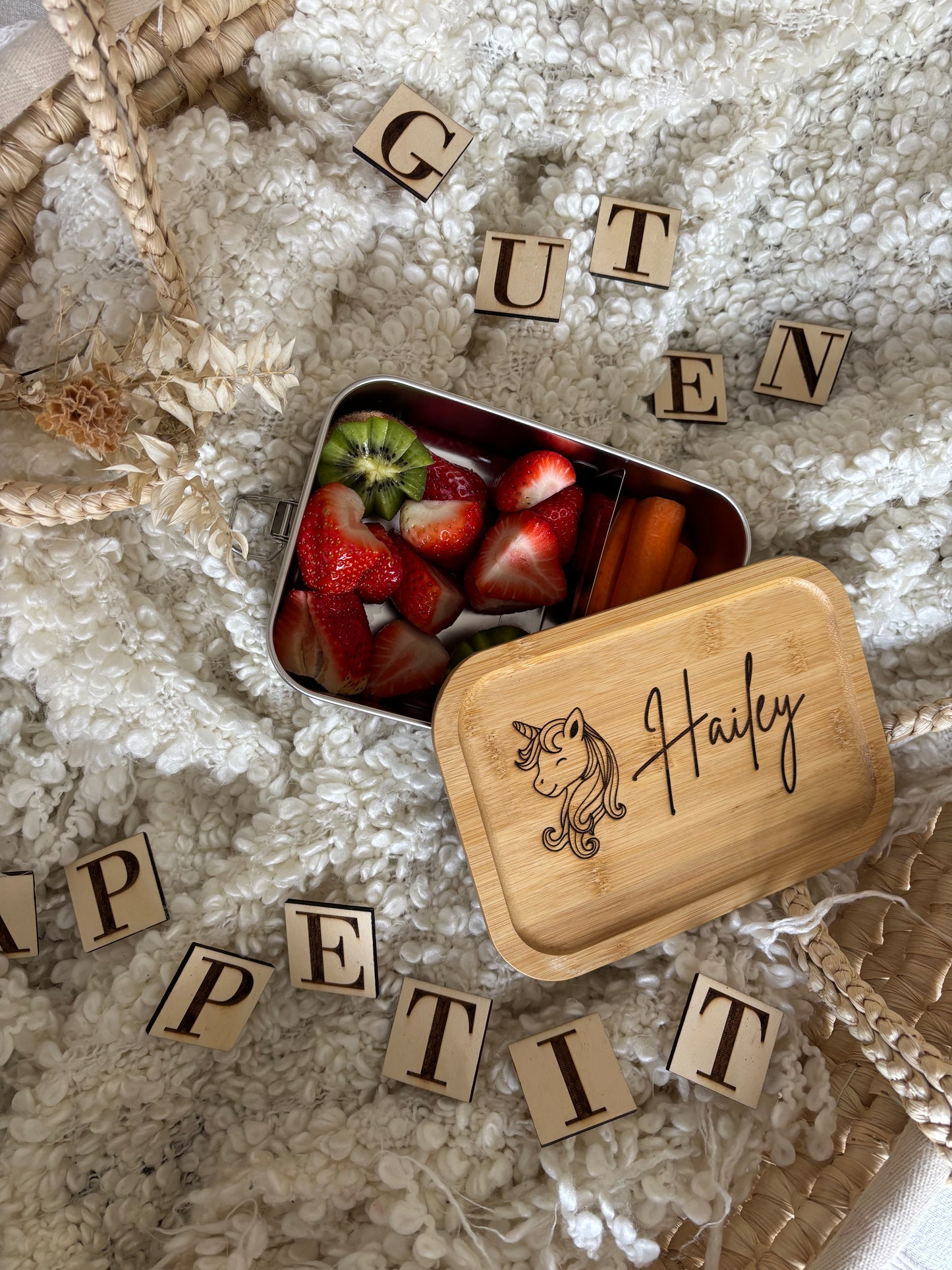 Personalisierte Brotdose aus Edelstahl mit Bambusdeckel – mit Name & Motiv