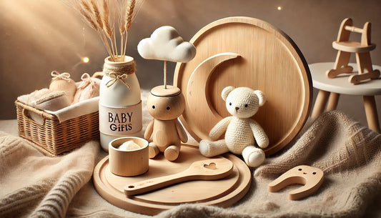 Hochwertige, personalisierte Holzspielzeuge und Geschenke für Babys und Kinder in einem gemütlichen, warmen Setting. Perfekt für besondere Anlässe wie Geburtstage, Weihnachten oder als Taufgeschenk.