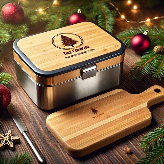 Personalisierte Weihnachtsgeschenke für Mitarbeiter: Gravierte Lunchbox aus Edelstahl und Bambus neben einem gravierten Frühstücksbrettchen auf weihnachtlich dekoriertem Holztisch mit Tannenzweigen, Weihnachtskugeln und Lichterkette