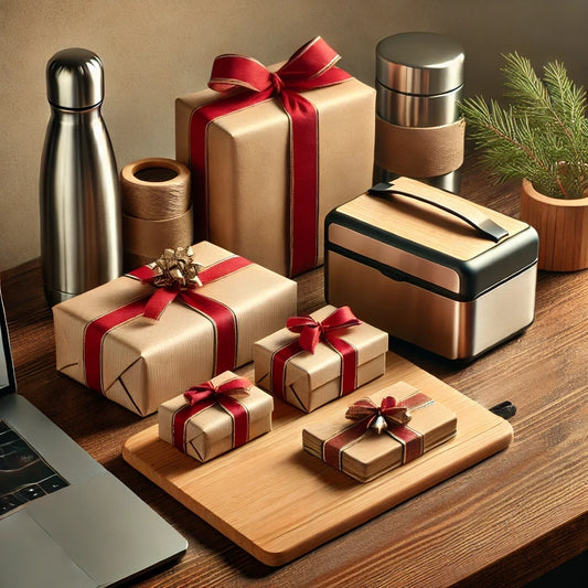 Kleine Weihnachtsgeschenke für Mitarbeiter: Liebevoll verpackte Geschenke auf einem Schreibtisch, inklusive personalisierter Lunchbox und Frühstücksbrettchen