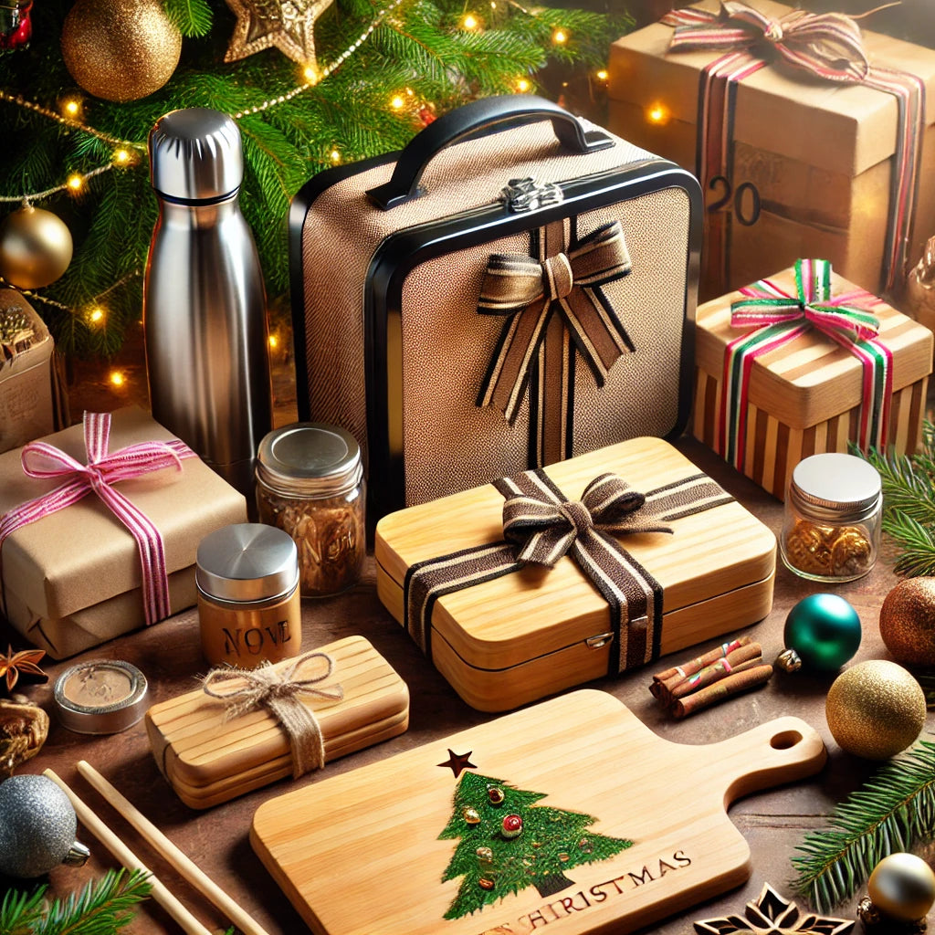 Originelle Weihnachtsgeschenke für Mitarbeiter: Kreativ verpackte Geschenke, darunter personalisierte Lunchbox und Frühstücksbrettchen, auf festlich dekoriertem Bürotisch