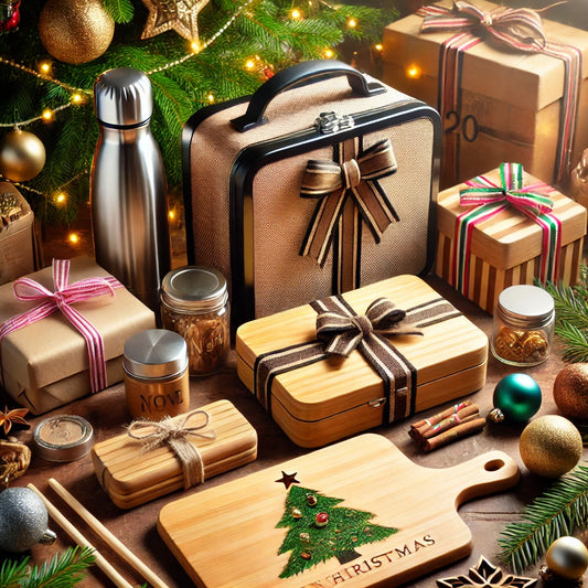 Originelle Weihnachtsgeschenke für Mitarbeiter: Kreativ verpackte Geschenke, darunter personalisierte Lunchbox und Frühstücksbrettchen, auf festlich dekoriertem Bürotisch