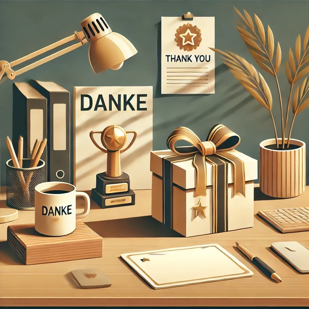 Illustration eines Büros mit Symbolen der Mitarbeiterwertschätzung wie Geschenk, Trophäe und personalisierten Gegenständen auf einem Schreibtisch
