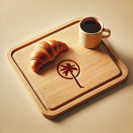 Illustration eines Frühstücksbrettchens aus Bambus mit Gravur, darauf eine Tasse Kaffee und ein Croissant