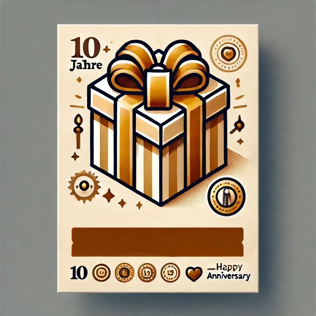 Illustration eines Jubiläumsgeschenks mit Schleife und Jubiläumszahl, umgeben von Symbolen der Wertschätzung